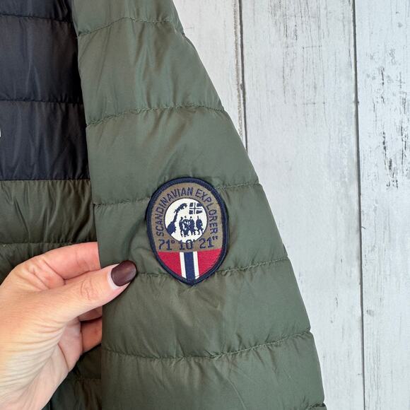 Scandinavian Explorer Olive Black Down Jacket Ultra Light Hooded Unisex Small - Picture 7 of 16